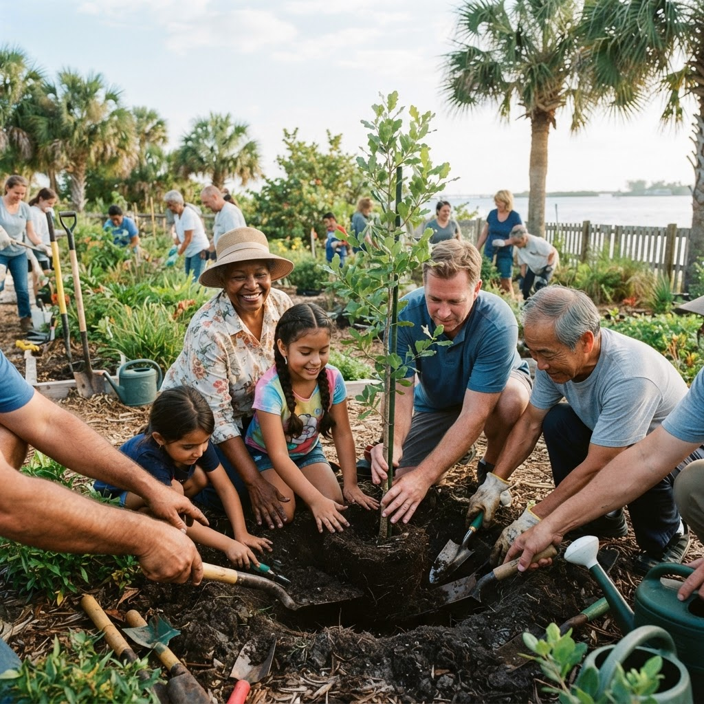 Community members planting a tree together