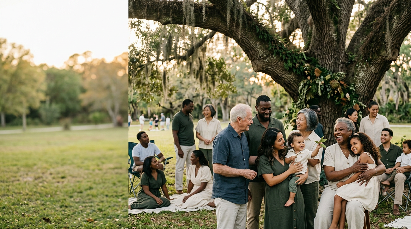 Families and neighbors gathering beneath a tree